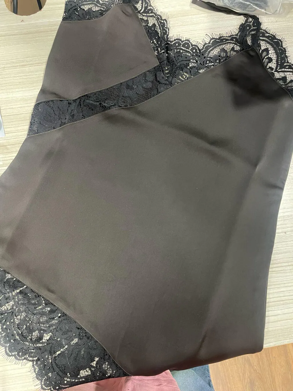 Premium Satin Brown Cami Top with Black Lace