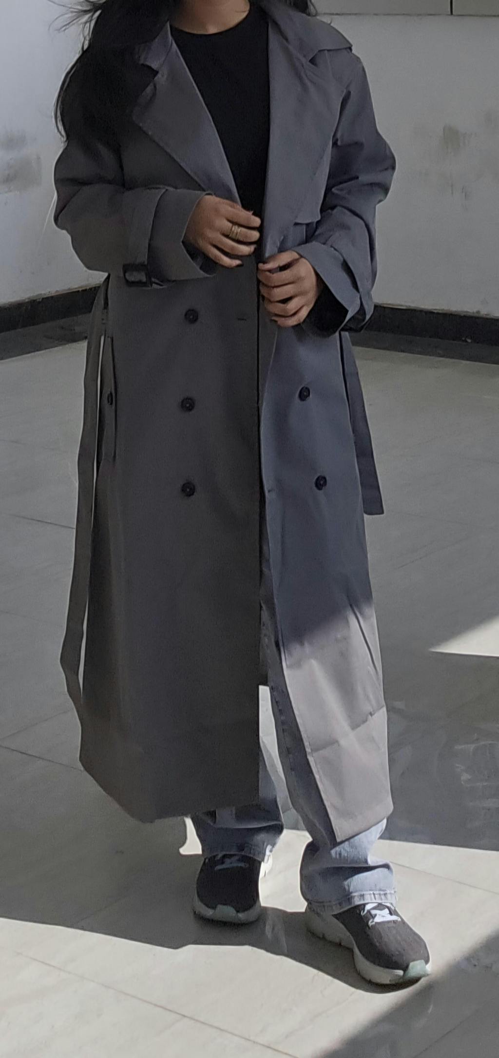 Grey Double-Breasted Long Trench Coat with Belt