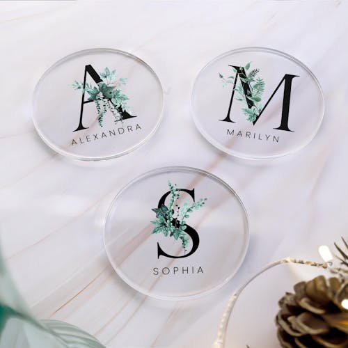 Personalised Green and Dark Floral Initial Round Coaster