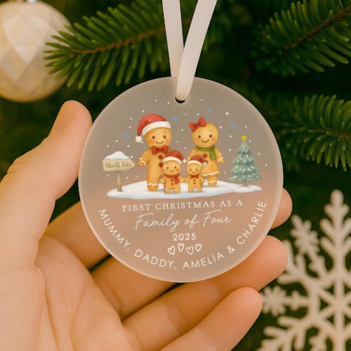 Personalised Ginger Bread Men First Christmas as Family of 4 Bauble