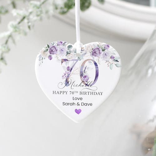Personalised Purple Floral Happy 70th Birthday Heart Ceramic Keepsake
