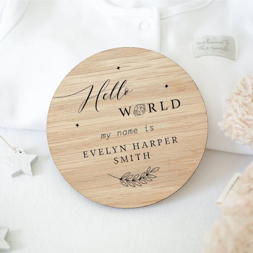 Personalised Hello World Oak Wood New Baby Keepsake Plaque