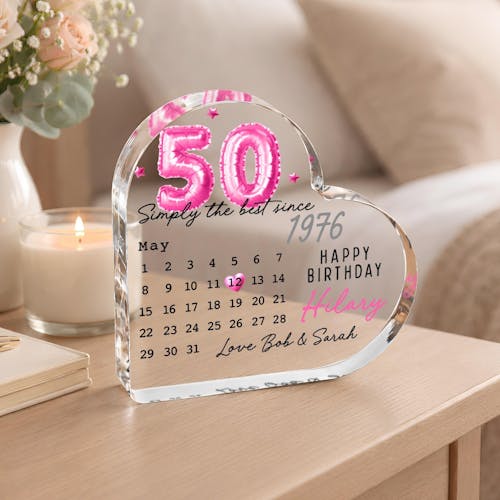 Personalised Pink Balloon 50th Birthday Heart Gift Plaque