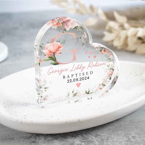 Personalised Floral Initial Christening Heart Plaque