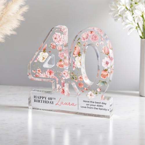 Personalised Pink Rose Happy 40th Birthday Heart Gift Plaque