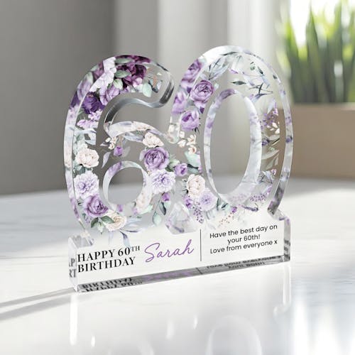Personalised Lavender Floral Happy 60th Birthday Gift Plaque Freestanding Block