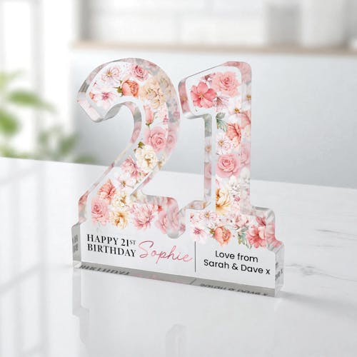 Personalised Freestanding Pink Roses 21st Birthday Gift Plaque