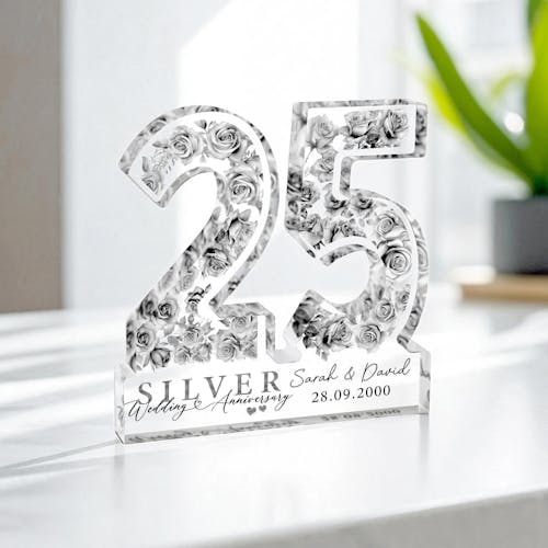 Personalised Silver 25th Anniversary Freestanding Gift Plaque - Names and Date