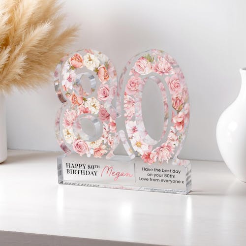 Personalised Pink Floral 80th Birthday Gift Plaque