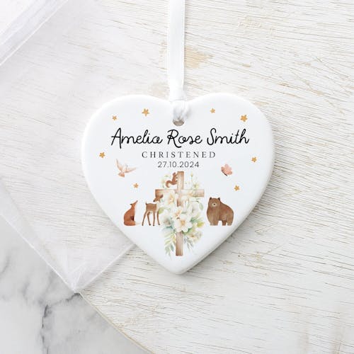Personalised Woodland Christening Baptisn Heart Keepsake Ornament