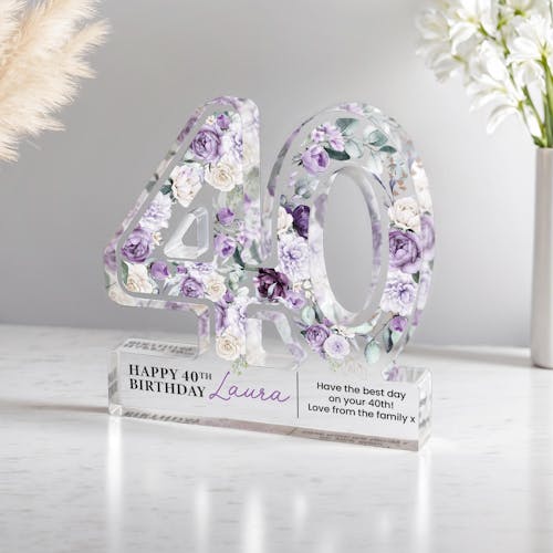 Personalised Floral Lavnder 40th Birthday Gift Plaque Block