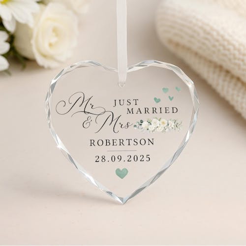 Personalised Just Married Congratulations Mr & Mrs Wedding Keepsake Gift - Glass Ornament