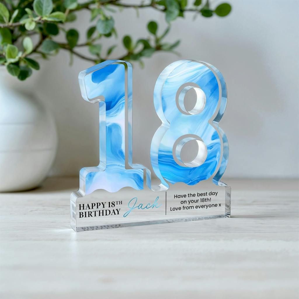 Personalised Freestanding Blue Marble Print 18th Birthday Gift Plaque
