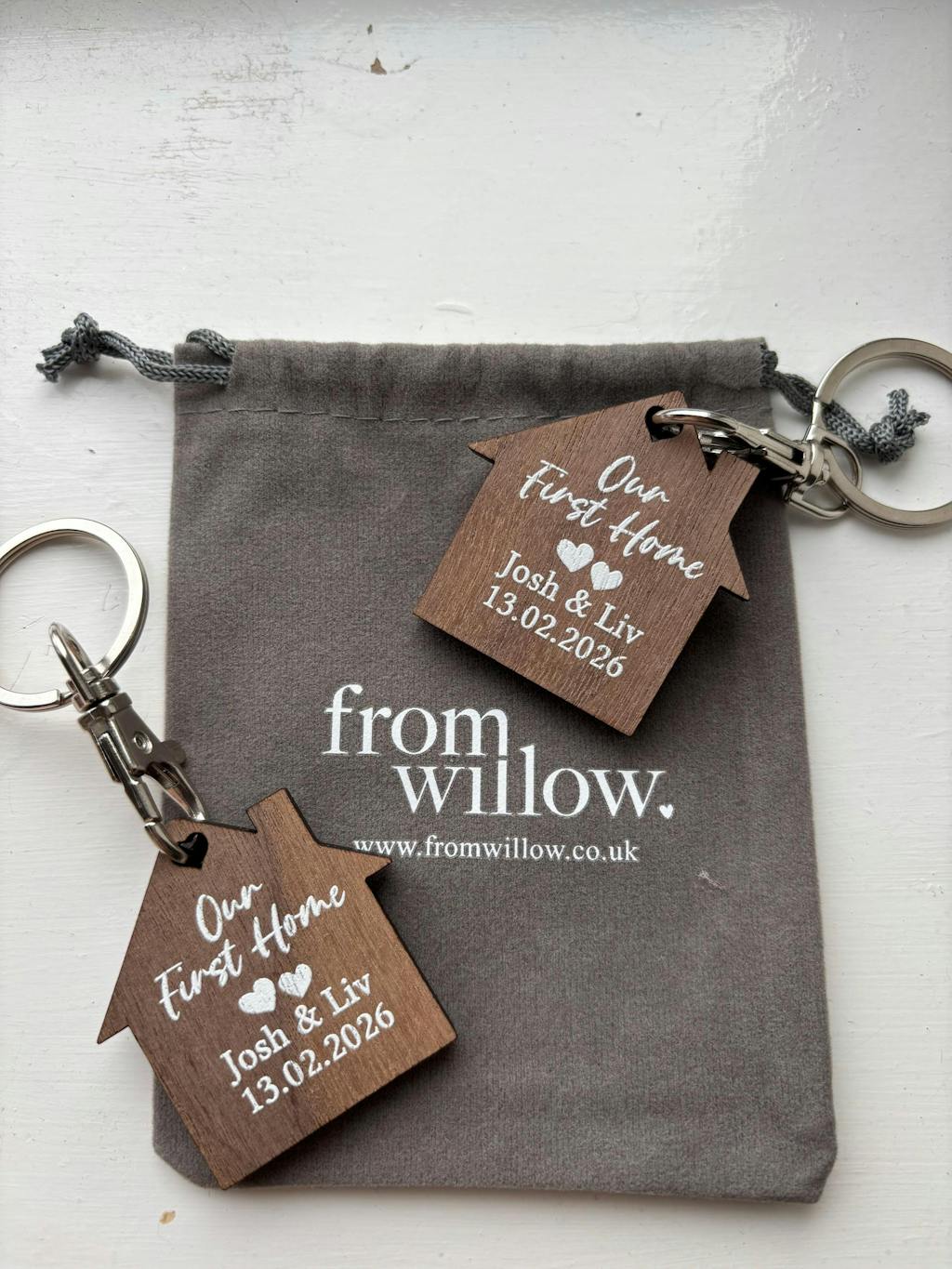 Personalised Natural Walnut Wood First Home Keyrings