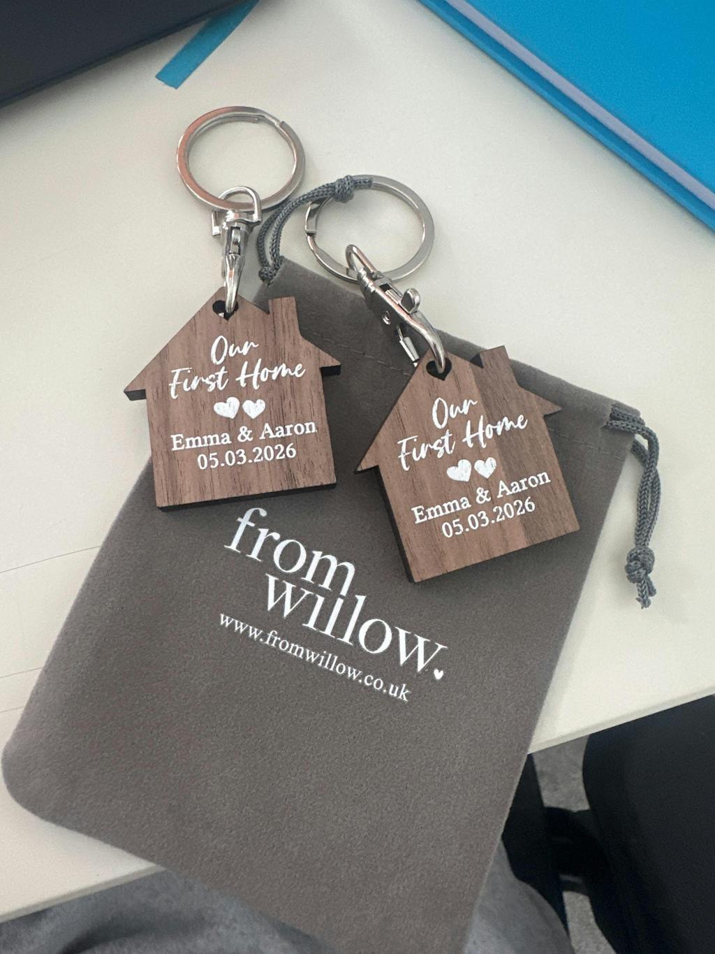 Personalised Natural Walnut Wood First Home Keyrings