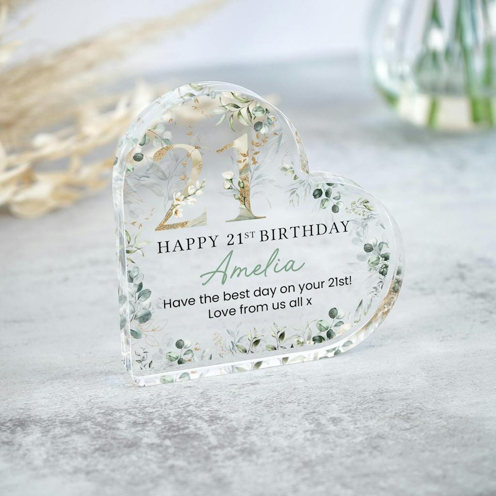 Personalised Floral Eucalyptus Happy 21st Birthday Heart Gift Plaque