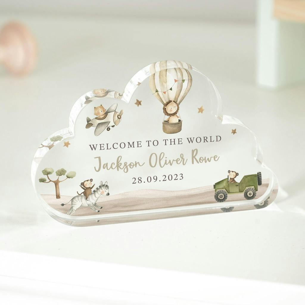 Personalised Safari Animals New Baby Cloud Plaque