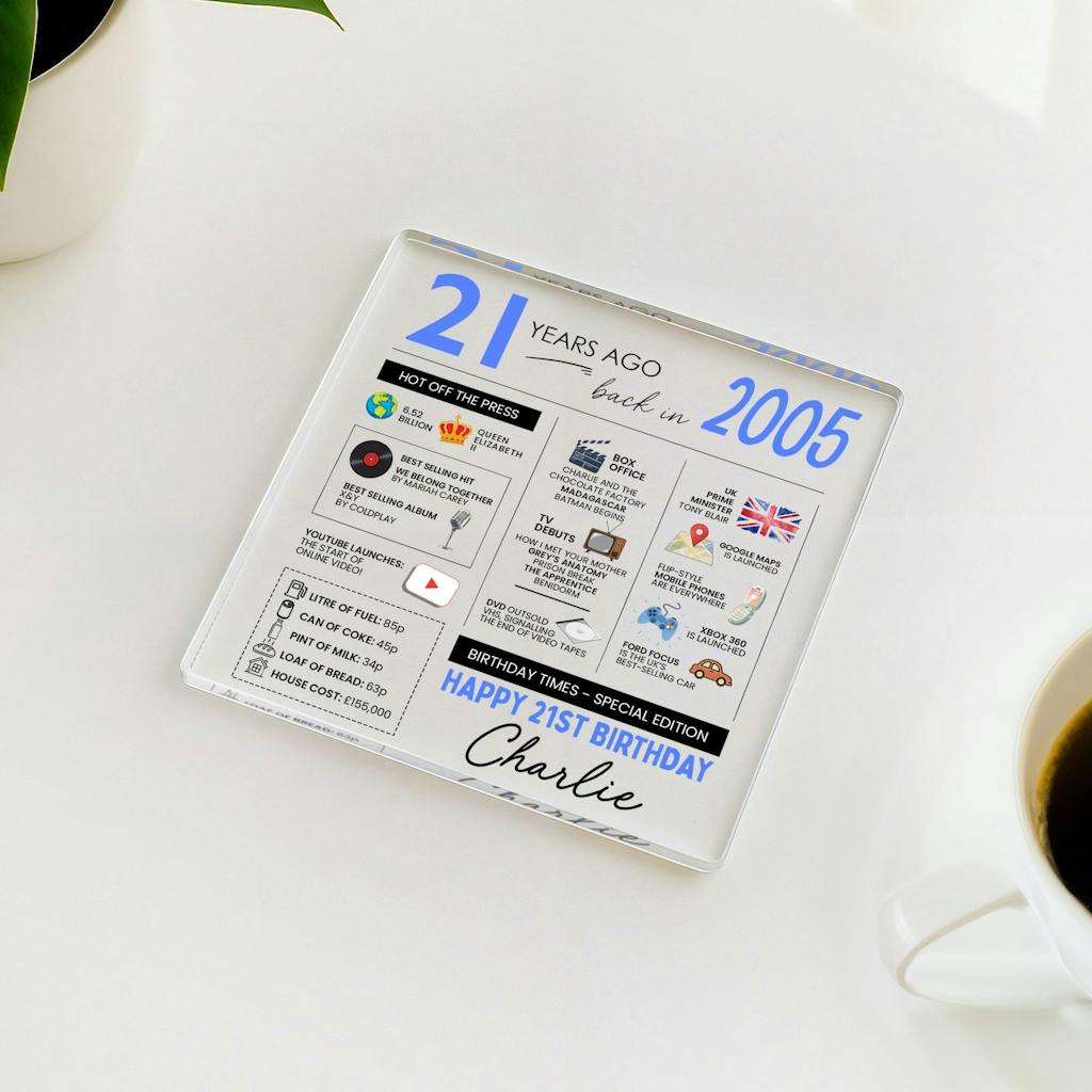 Personalised 21st Birthday Coaster 2005 Fun Facts Gift