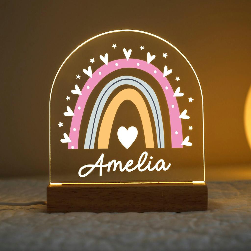 Personalised LED Rainbow Heart Nursery Night Light Lamp