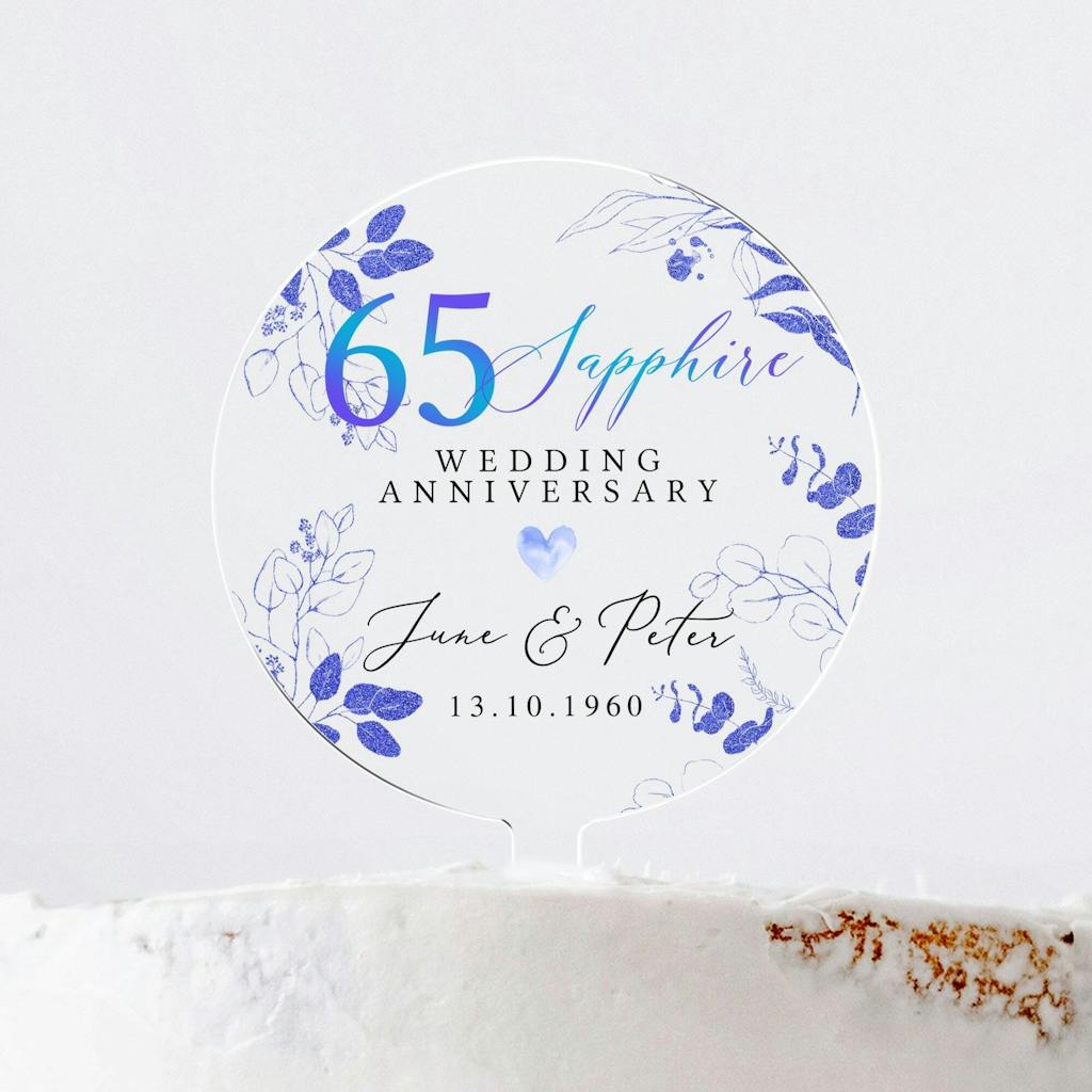 Personalised Royal Blue Floral 65th Anniversary Cake Topper - Sapphire Anniversary