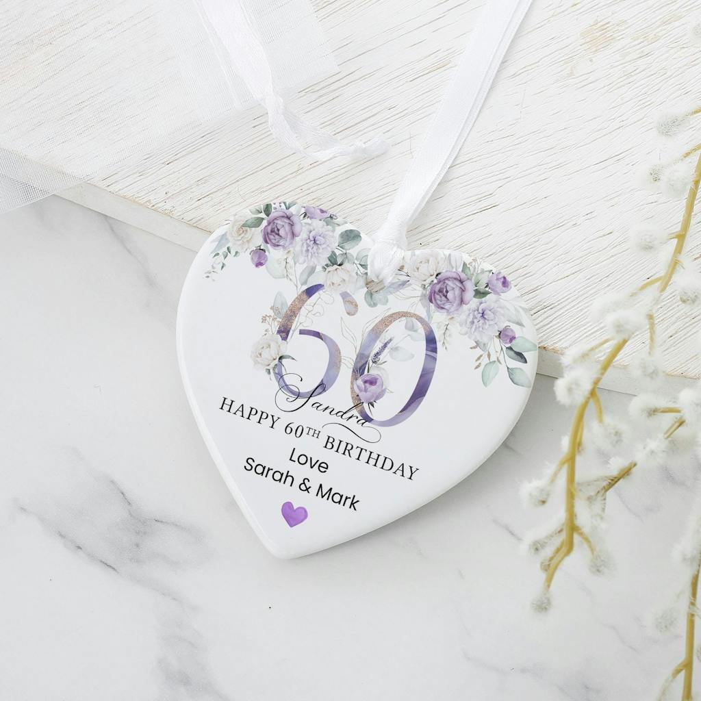 Personalised Purple Floral Happy 60th Birthday Heart Ceramic Keepsake
