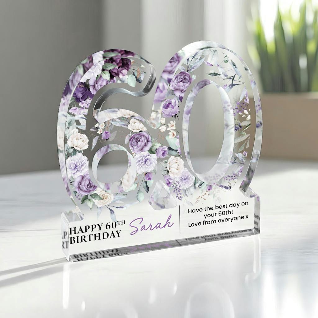 Personalised Lavender Floral Happy 60th Birthday Gift Plaque Freestanding Block