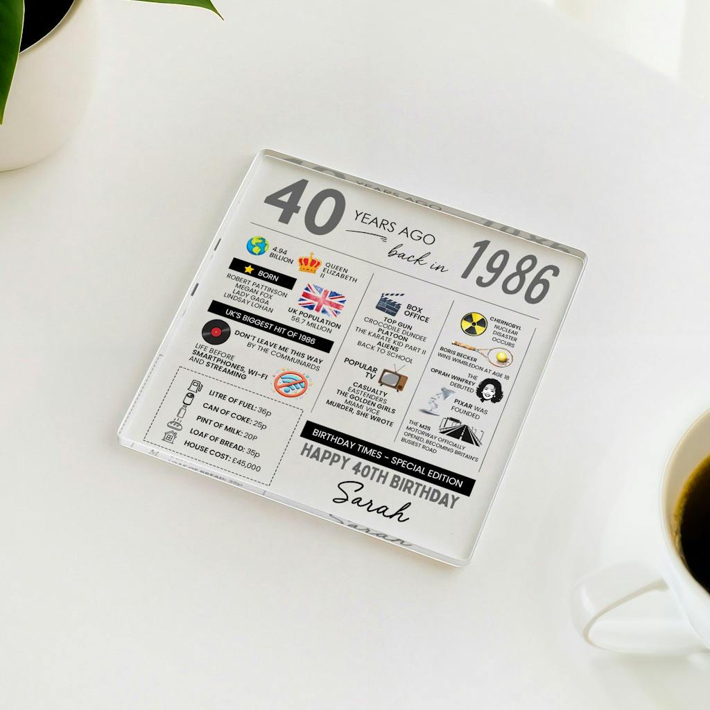 Personalised 40th Birthday Coaster 1986 Fun Facts Gift