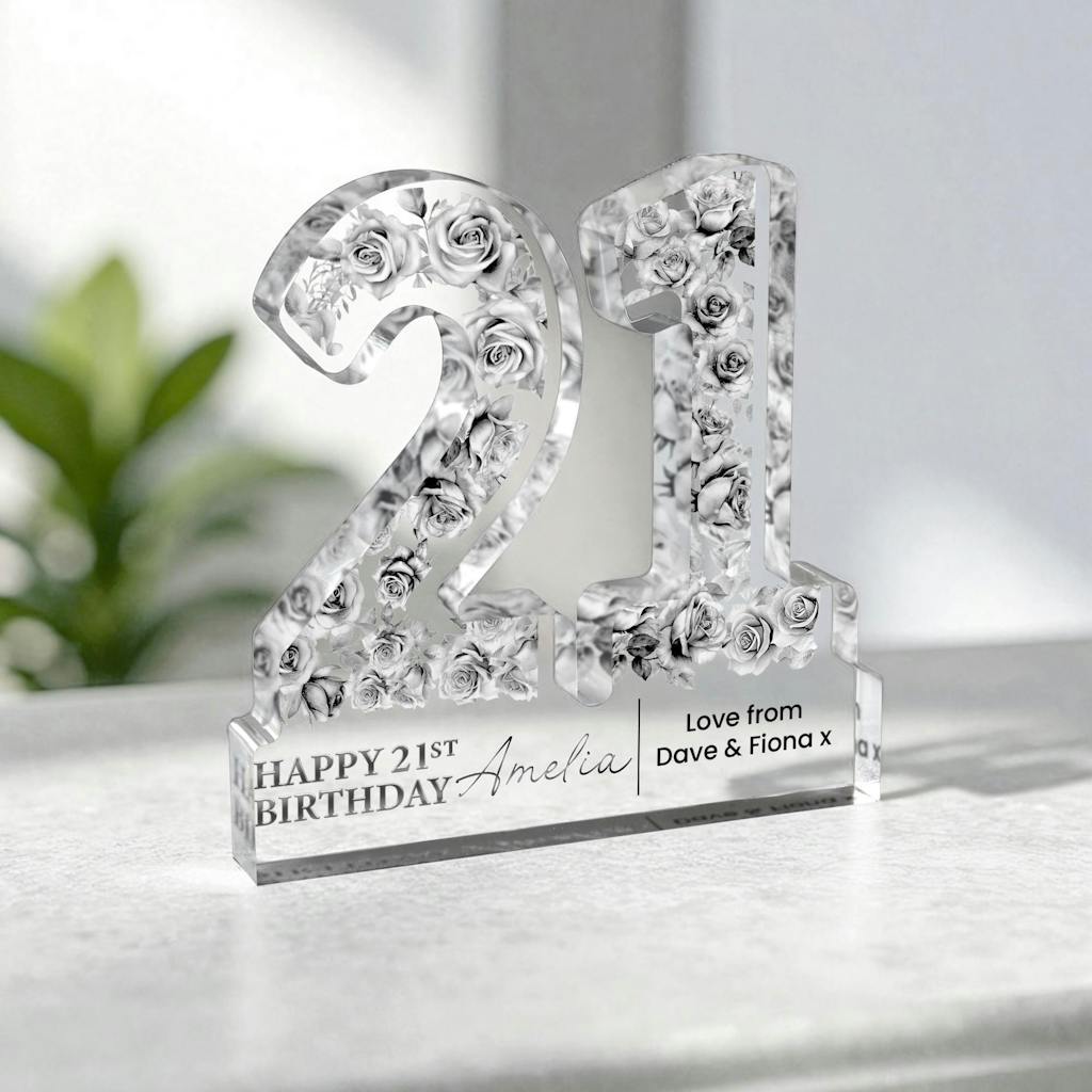 Personalised Freestanding 21st Birthday Gift Plaque - Silver Floral