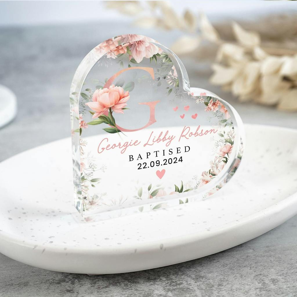 Personalised Floral Initial Christening Heart Plaque