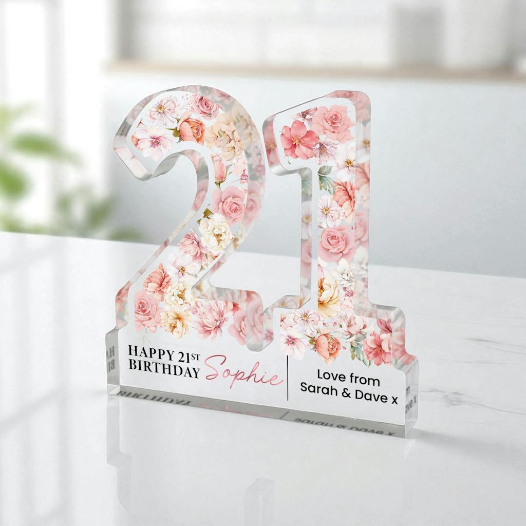 Personalised Freestanding Pink Roses 21st Birthday Gift Plaque