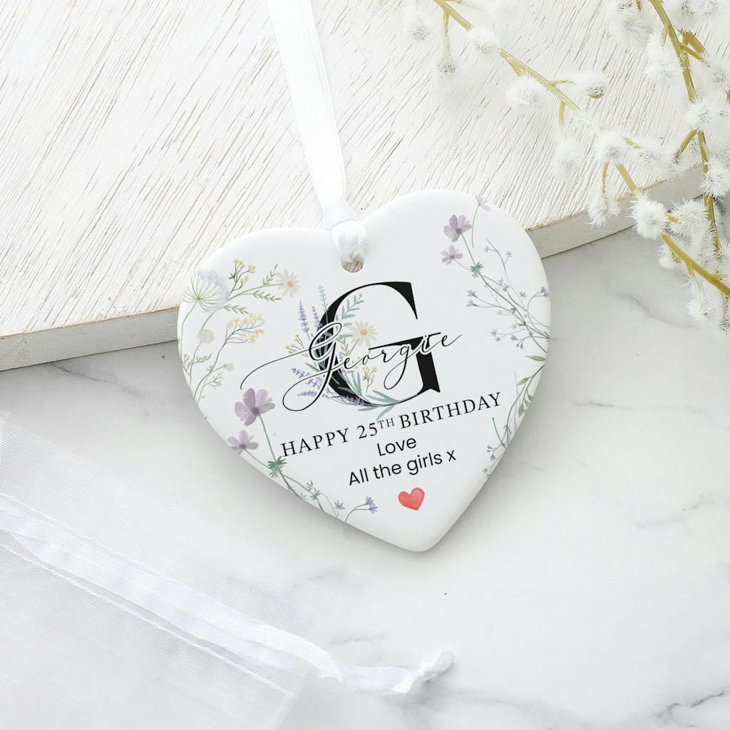 Personalised Floral Initial Happy Birthday Heart Keepsake Ornament