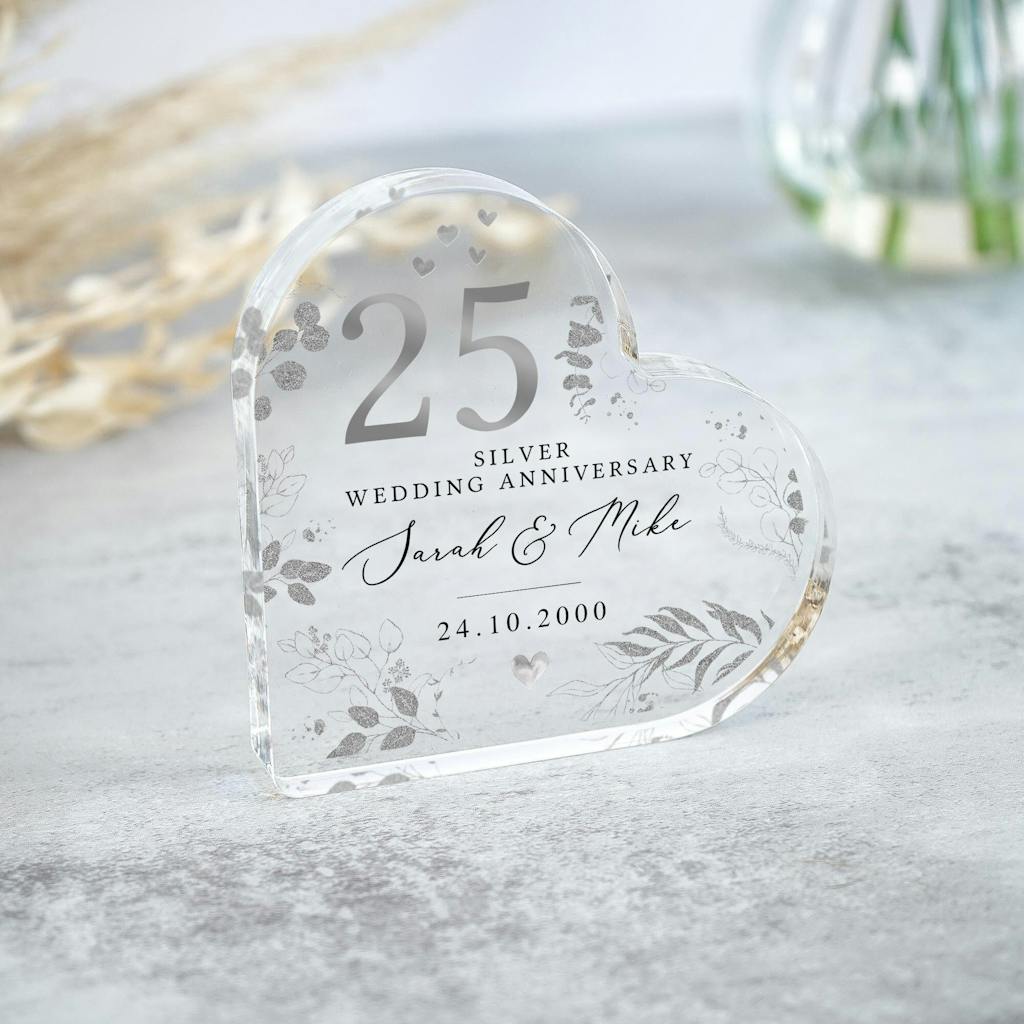 Personalised Silver 25th Wedding Anniversary Heart Plaque