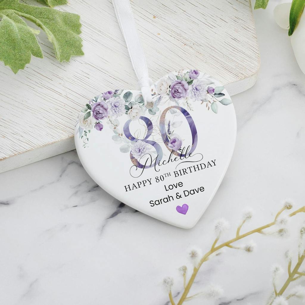 Personalised Purple Floral Happy 80th Birthday Heart Ceramic Keepsake