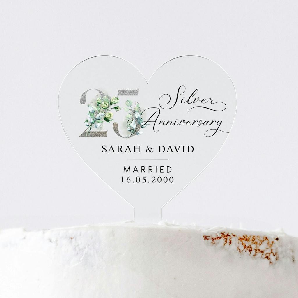 Personalised Silver Floral Number 25th Anniversary Cake Topper - Silver Anniversary