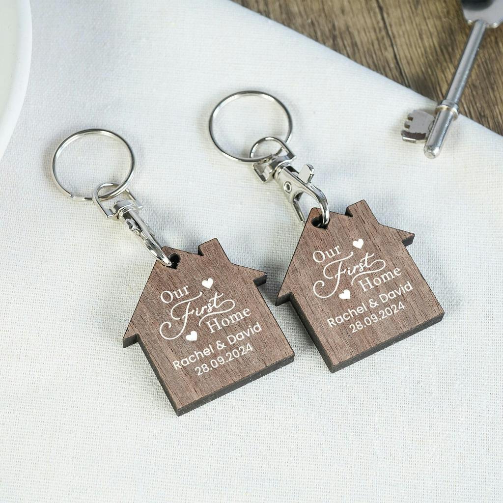 Personalised Natural Walnut Wood New Home Keyrings