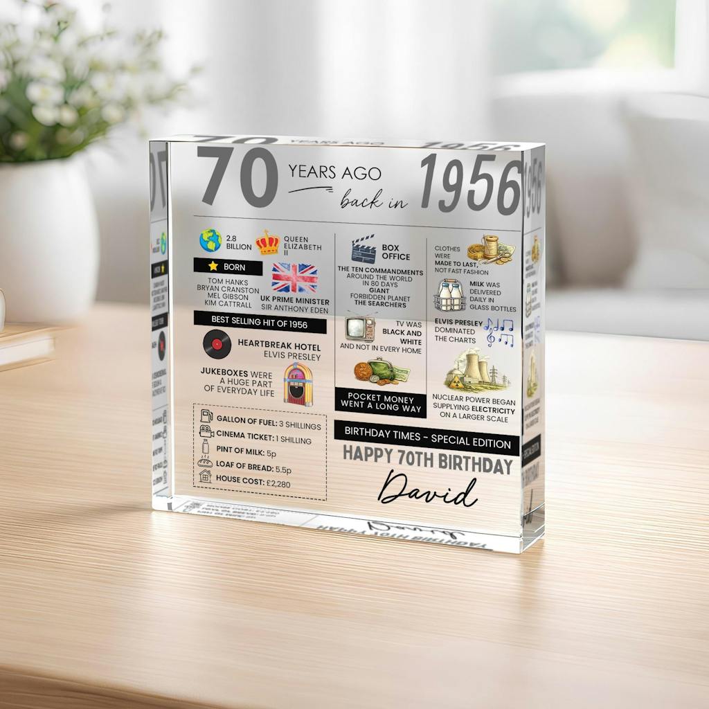 Personalised 70th Birthday Fun Facts Acrylic Plaque Born in 1956 Gift for Grandad Nan Grandma