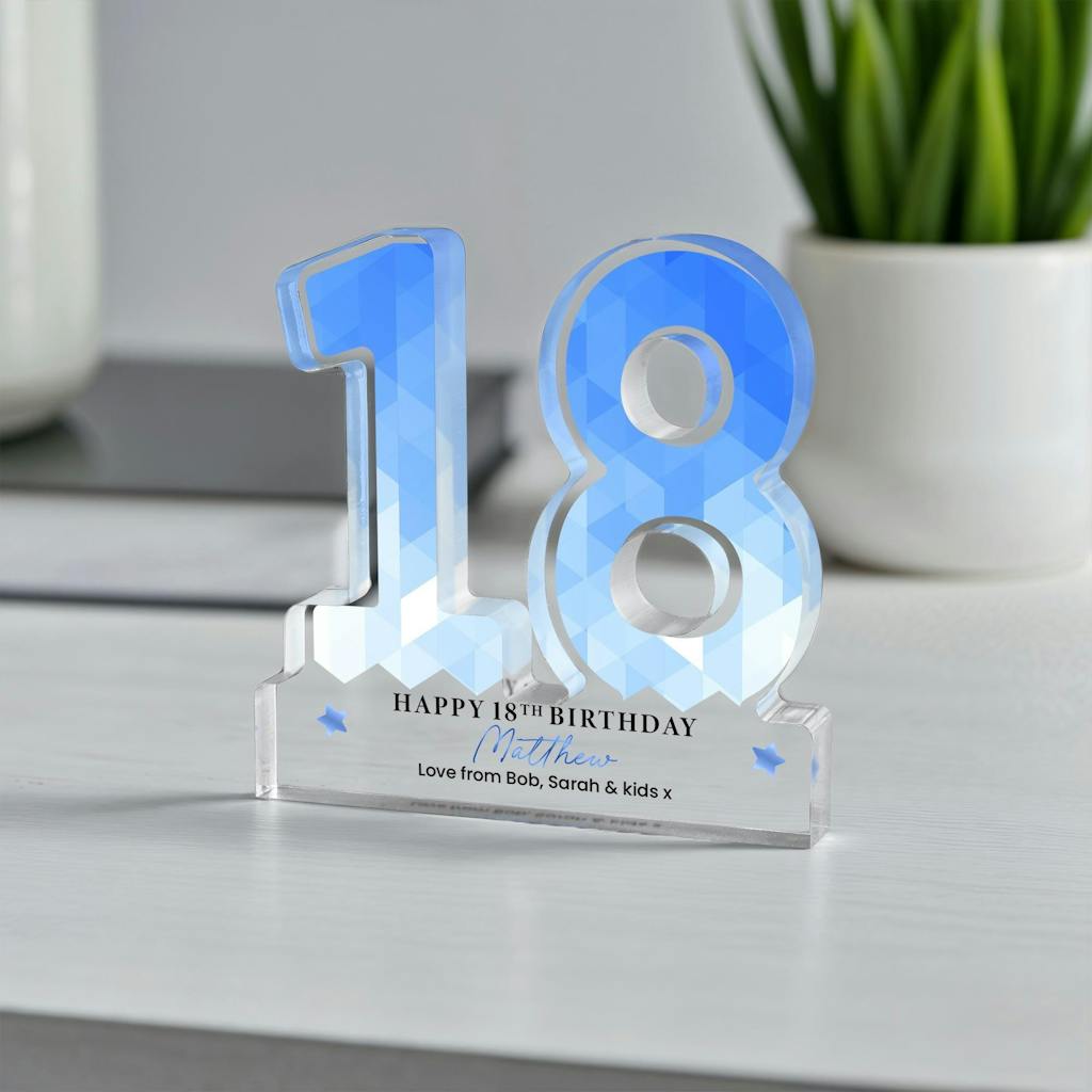Personalised Freestanding Blue Diamond Print 18th Birthday Gift Plaque