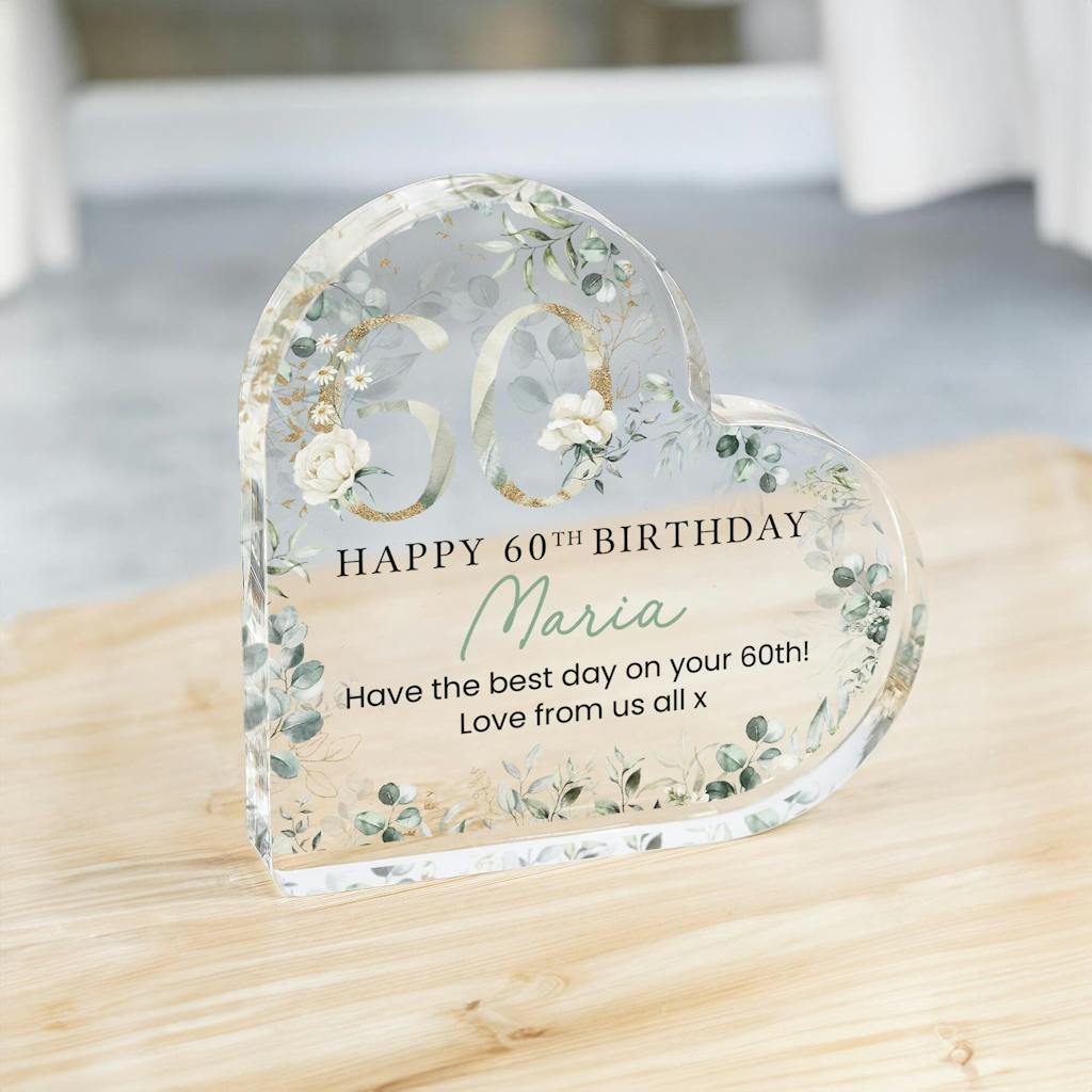 Personalised Floral Eucalyptus Happy 60th Birthday Heart Gift Plaque
