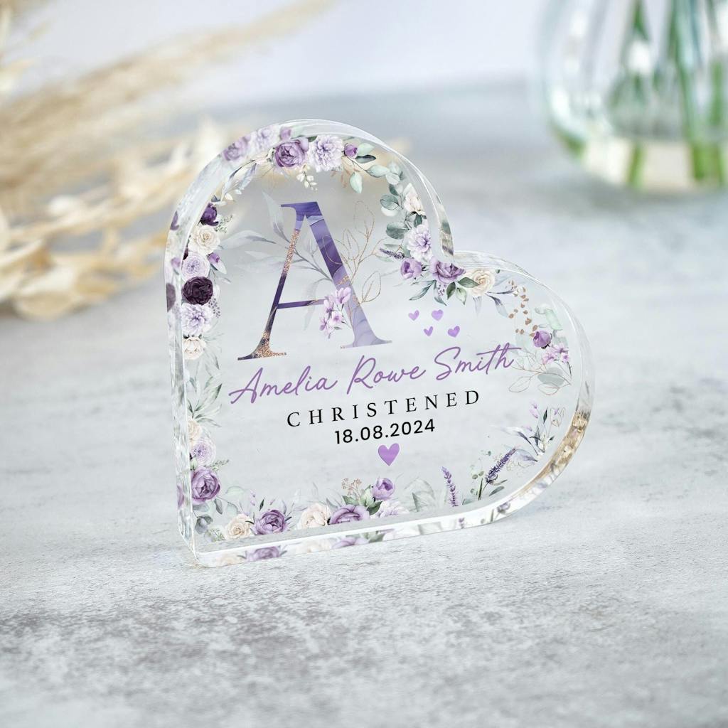 Personalised Floral Initial Christening Heart Plaque
