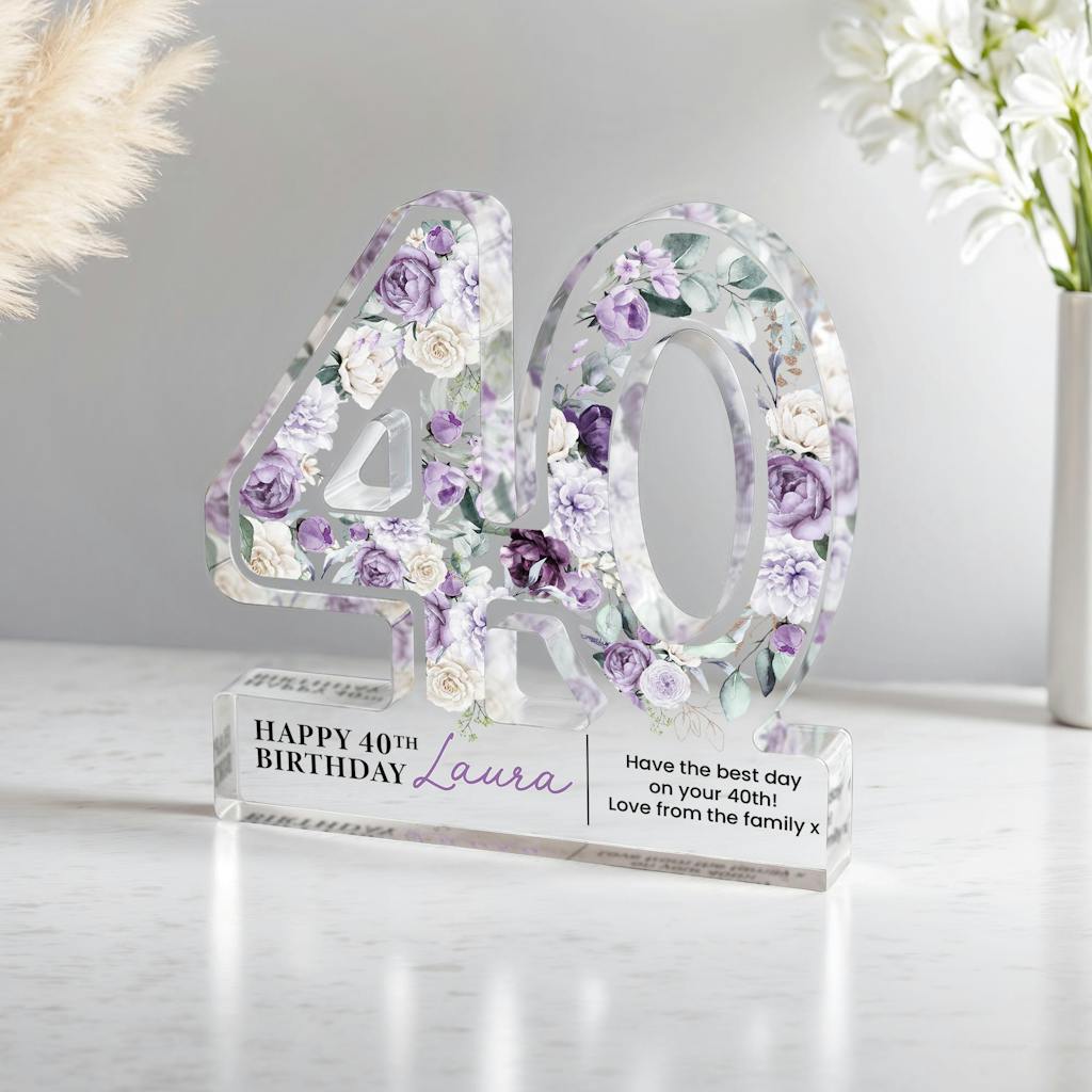 Personalised Floral Lavnder 40th Birthday Gift Plaque Block
