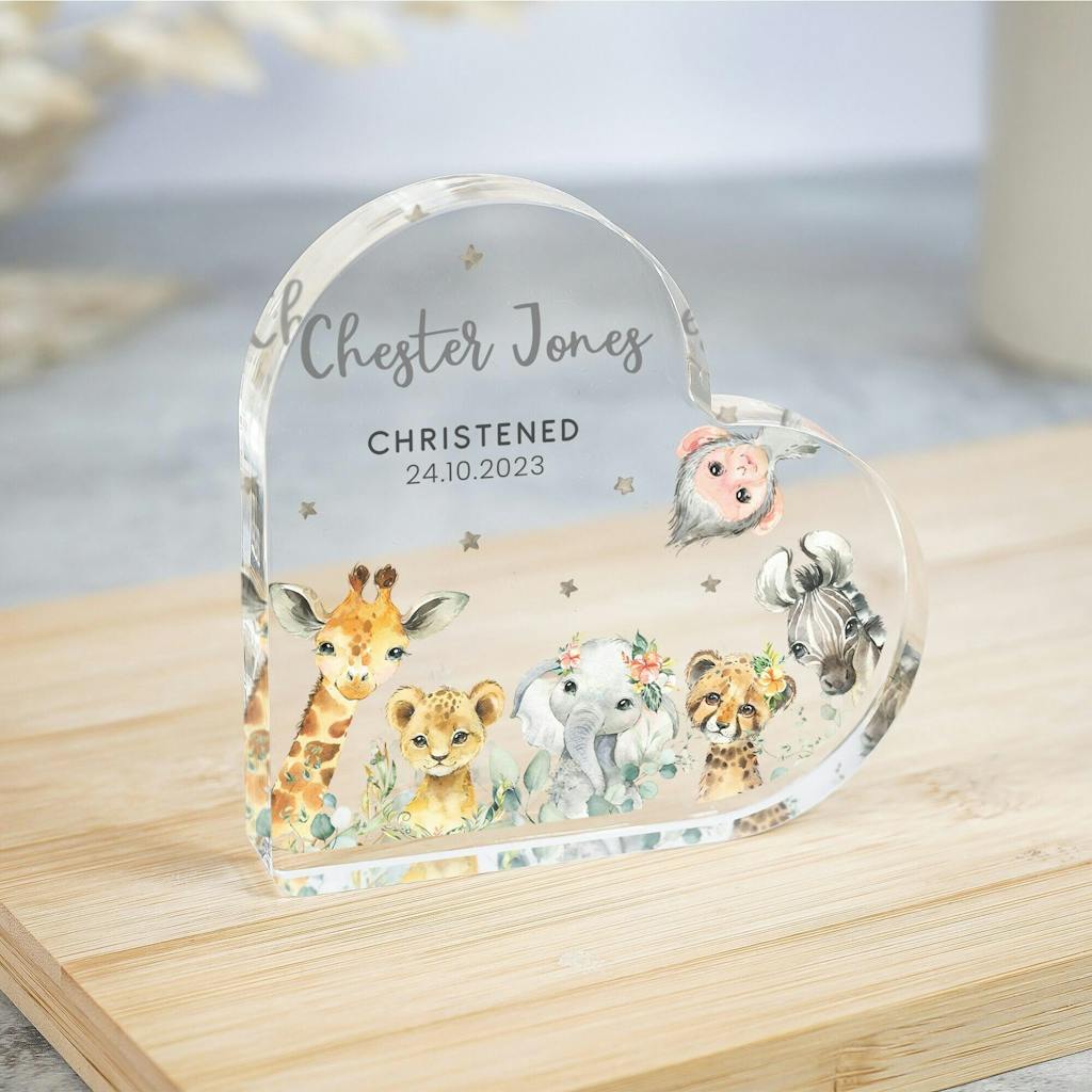 Personalised Christening Safari Animals Heart Plaque Gift