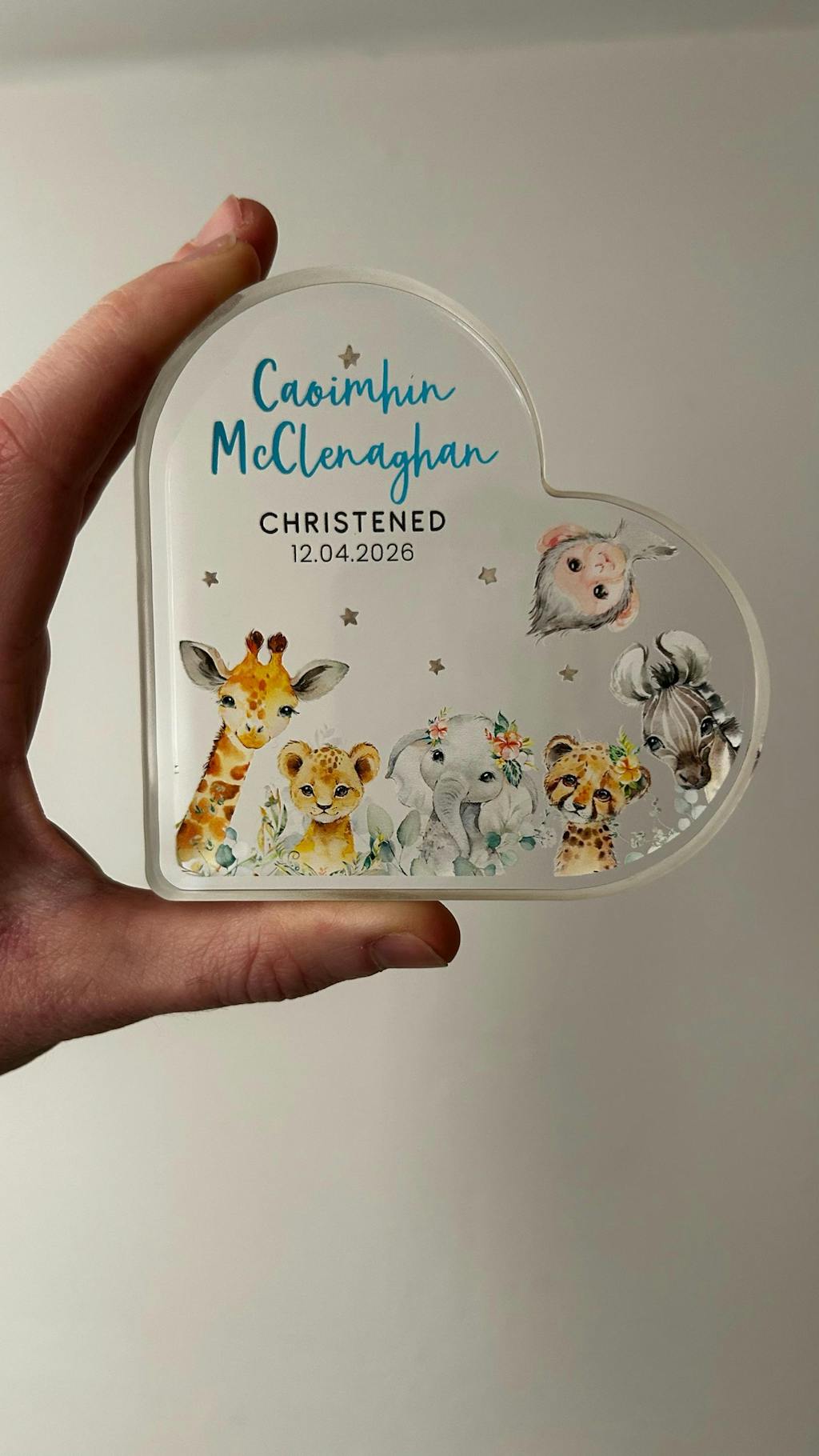 Personalised Christening Safari Animals Heart Plaque Gift