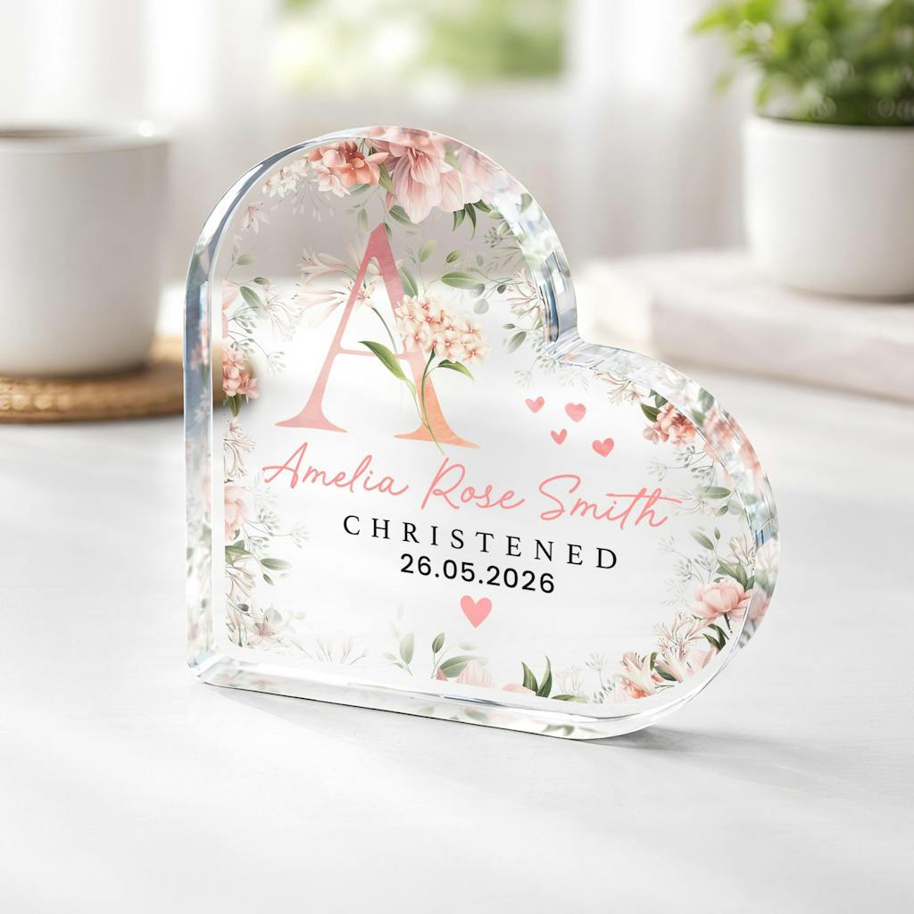Personalised Floral Initial Christening Heart Plaque