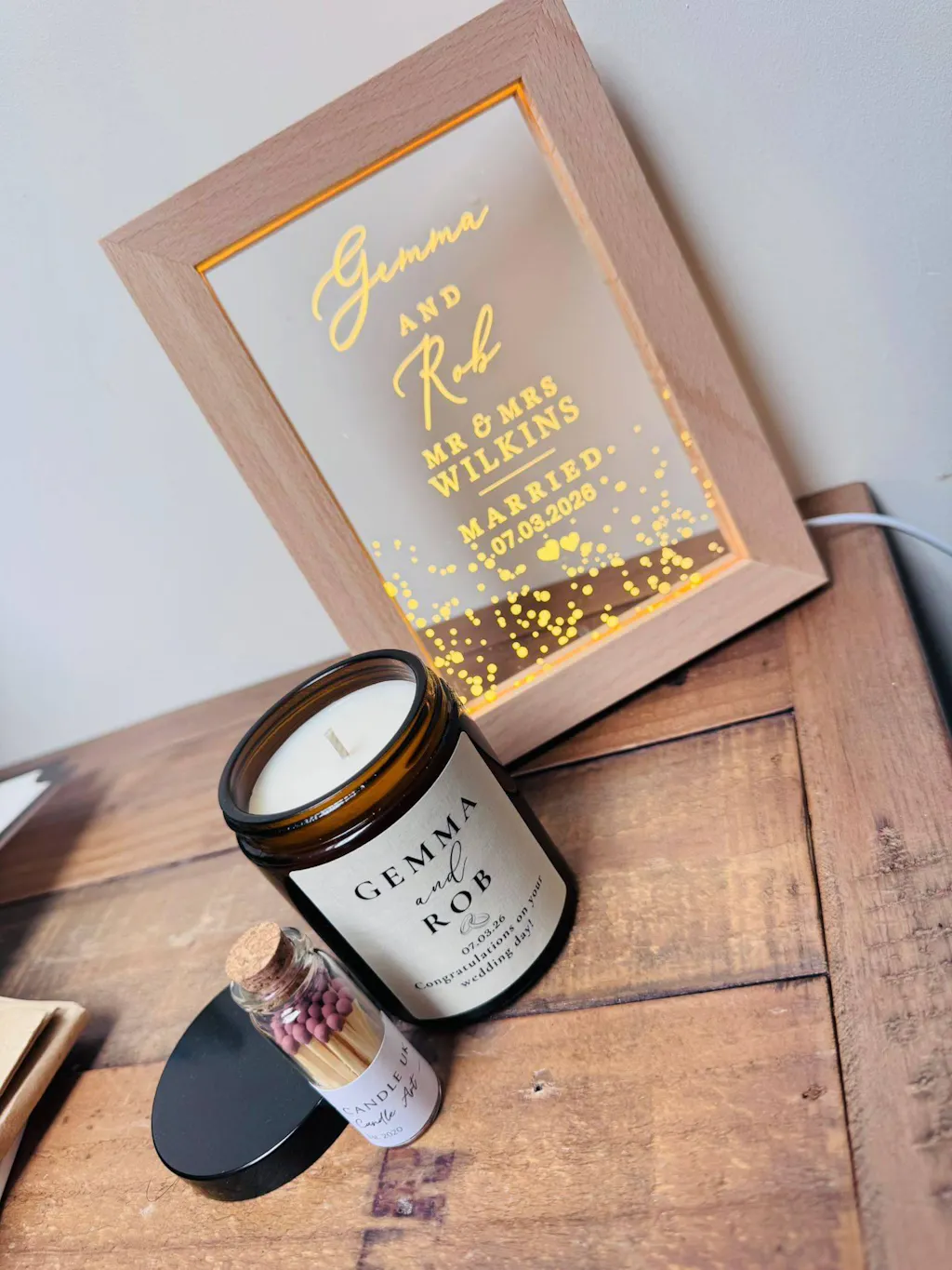 Personalised LED Wedding Table Light Frame - Couple Names and Date