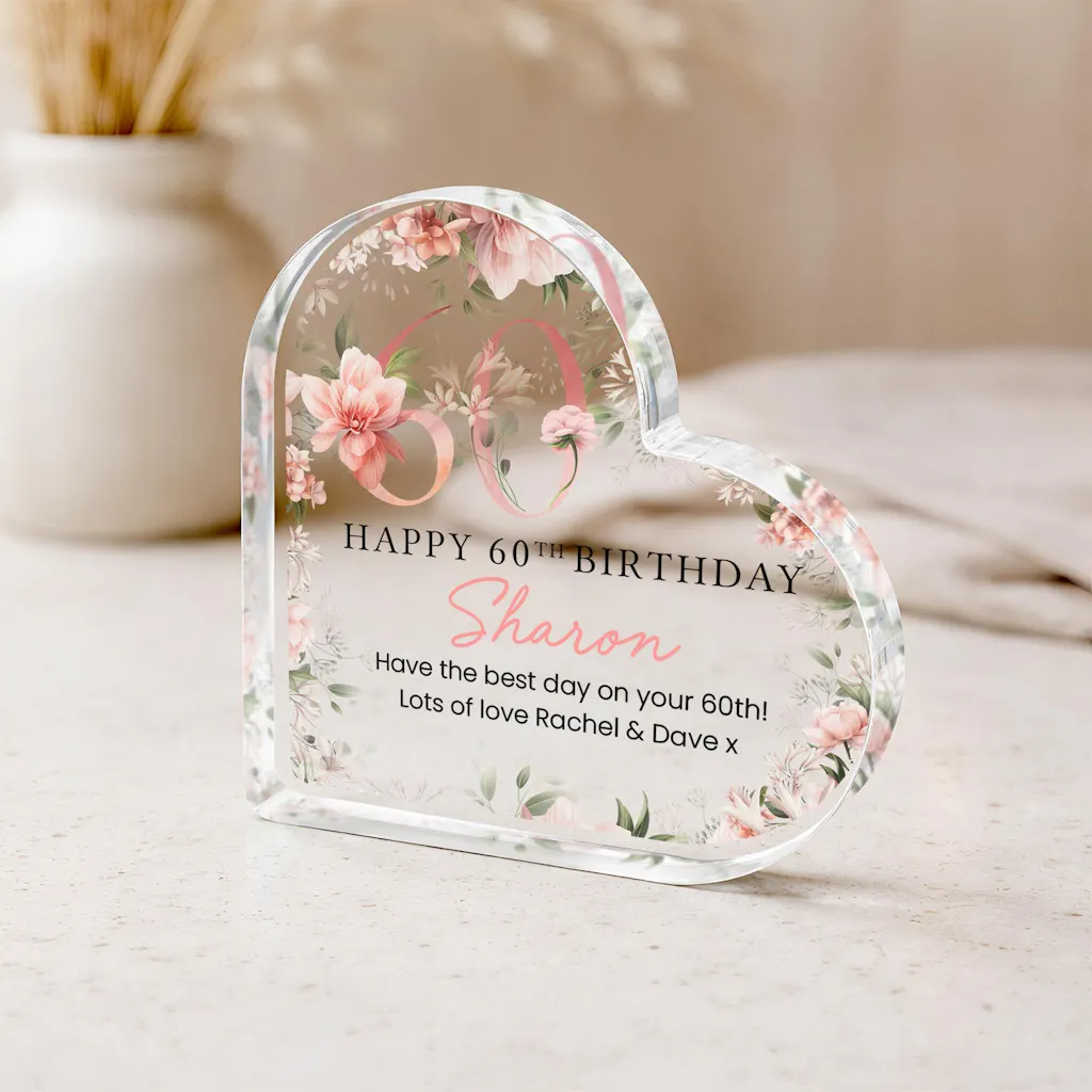 Personalised Pink Floral Happy 60th Birthday Gift Plaque