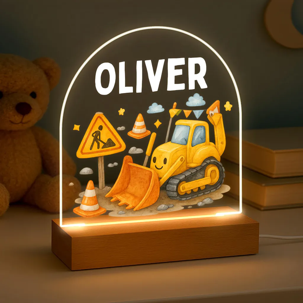 Personalised LED Digger & Bulldozer Construction Site Night Light Lamp