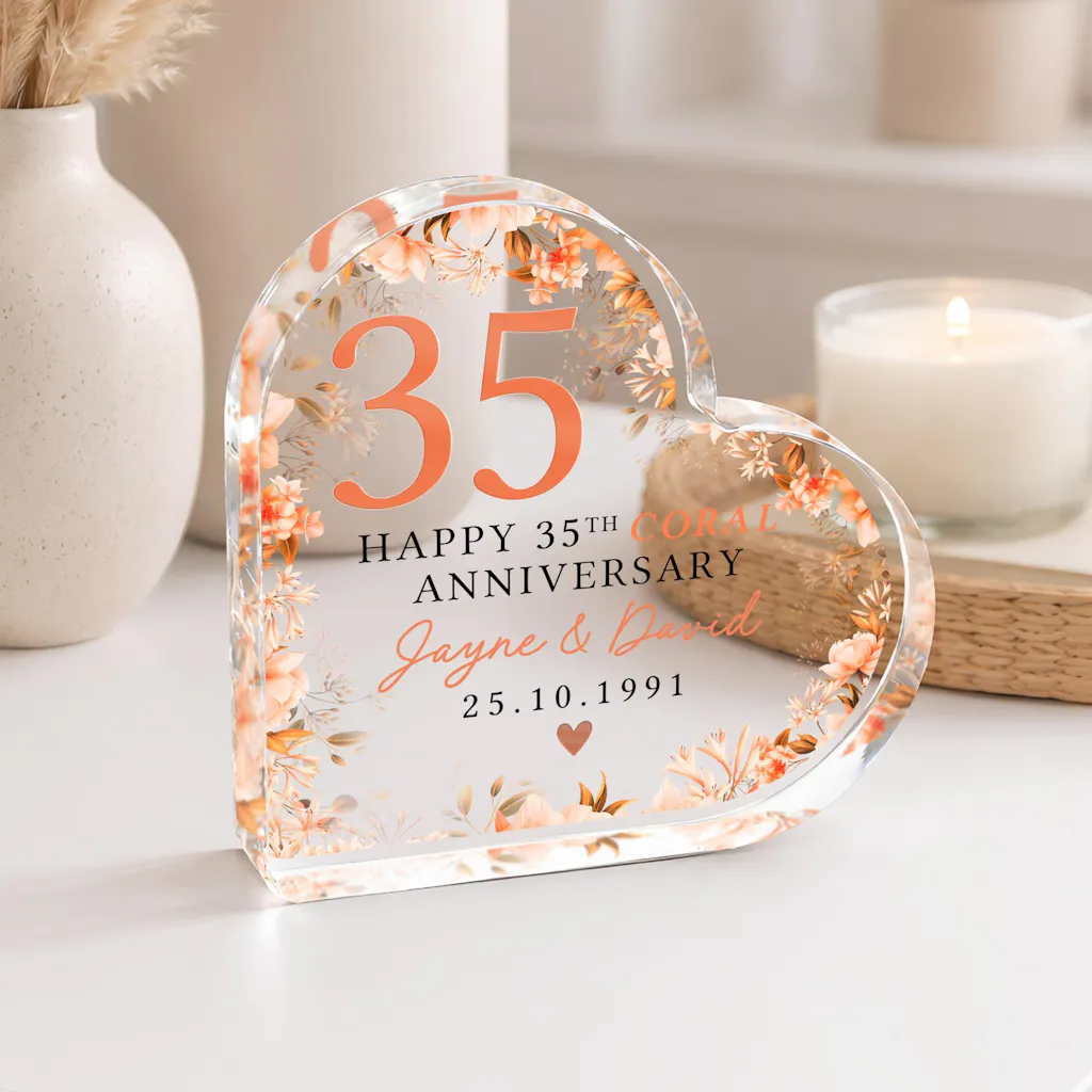 Personalised Coral 35th Anniversary Heart Plaque Block Gift