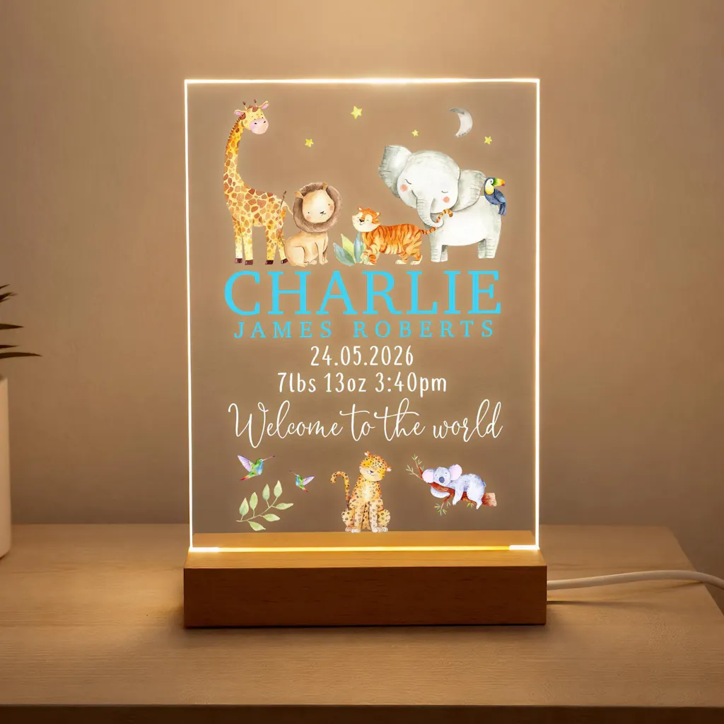 Personalised Safari Animals LED New Baby Night Light Welcome to the World Lamp