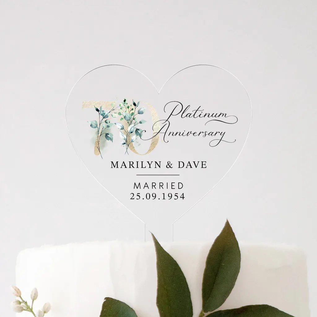 Personalised 70th Platinum Anniversary Heart Cake Topper