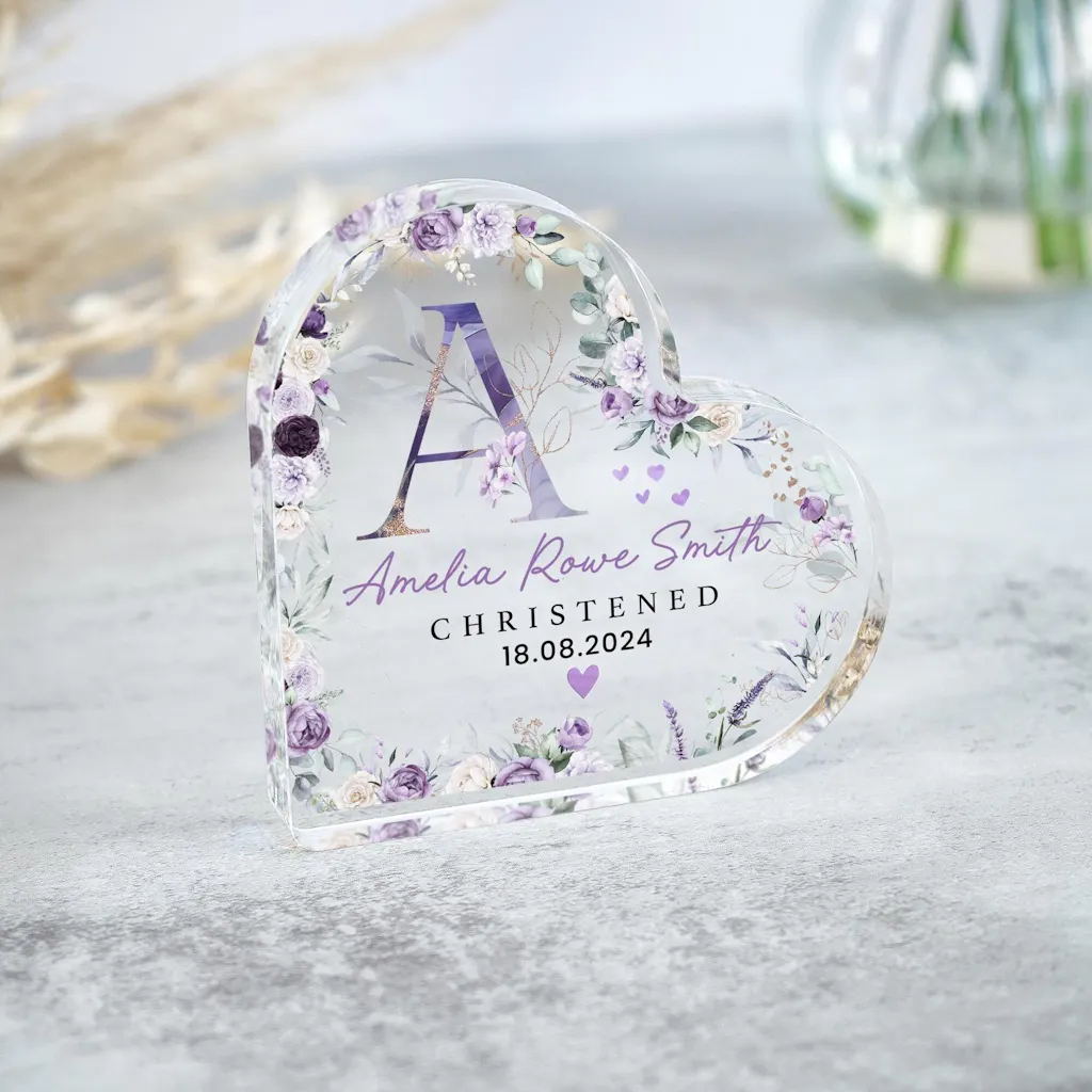 Personalised Floral Initial Christening Heart Plaque